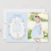 Blauwe Gekke Gans Floral Gingham 1e verjaardag Kaart (Voorkant)