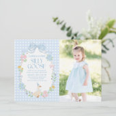 Blauwe Gekke Gans Floral Gingham 1e verjaardag Kaart (Staand voorkant)