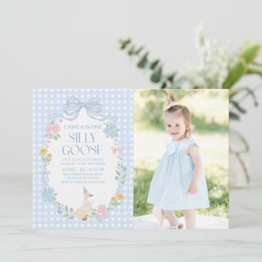 Blauwe Gekke Gans Floral Gingham 1e verjaardag Kaart (Staand voorkant)