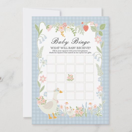 Blauwe Gekke Gans Floral Gingham Baby Bingo Game Kaart (Voorkant)