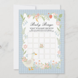 Blauwe Gekke Gans Floral Gingham Baby Bingo Game Kaart