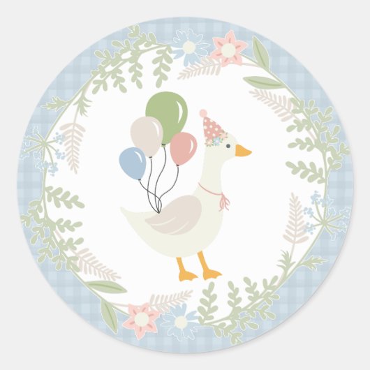 Blauwe Gekke Gans Floral Gingham Favors Ronde Sticker (Voorkant)