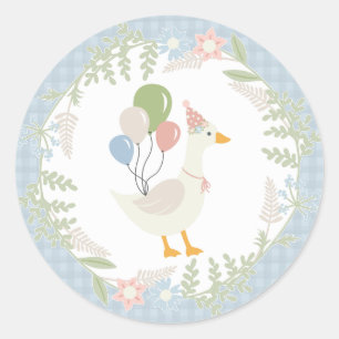 Blauwe Gekke Gans Floral Gingham Favors Ronde Sticker