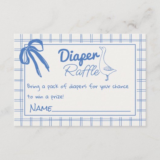 Blauwe Gekke Goose Boy Gingham Ribbon Luier Raffle Informatiekaartje (Voorkant)