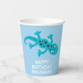 Blauwe gekko hagedis tekening kinderen verjaardag papieren bekers (Achterkant)