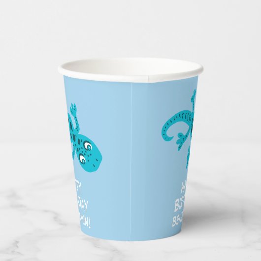 Blauwe gekko hagedis tekening kinderen verjaardag papieren bekers (Rechts)