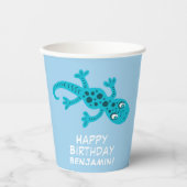 Blauwe gekko hagedis tekening kinderen verjaardag papieren bekers (Voorkant)