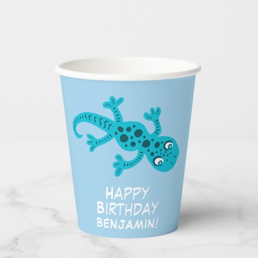 Blauwe gekko hagedis tekening kinderen verjaardag papieren bekers (Voorkant)