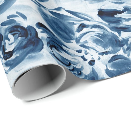 Blauwe gekleurde bloemen op donkerblauw verpakking cadeaupapier (Rol Hoek)