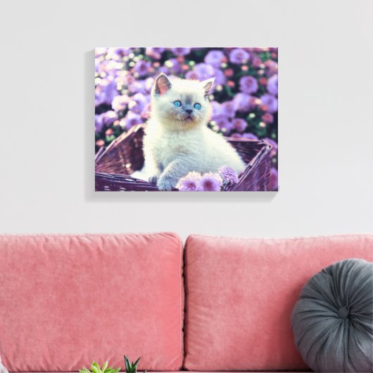 Blauwe, gekleurde keukenkat in mandje met paarse b canvas afdruk (Insitu (Woonkamer))