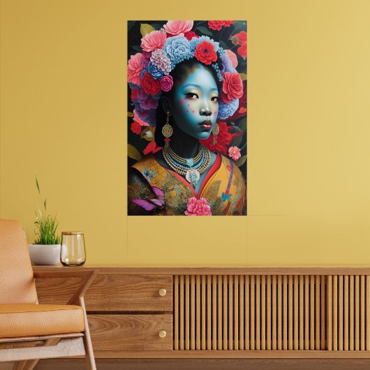 Blauwe gelaatprinses met bloemen haar poster (Woonkamer 2)
