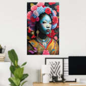 Blauwe gelaatprinses met bloemen haar poster (Thuiskantoor)