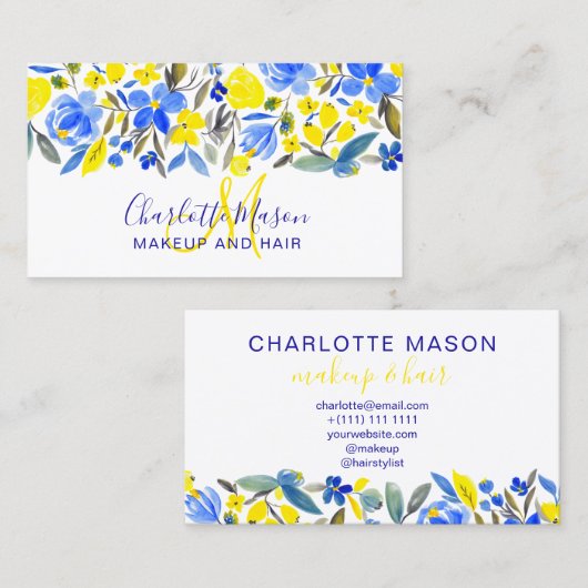 Blauwe gele bloei trendy florale waterverf make-up visitekaartje (Voorkant / Achterkant)