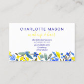 Blauwe gele bloei trendy florale waterverf make-up visitekaartje (Achterkant)