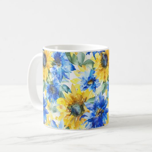 Blauwe Gele Bloemen Koffiemok (Voorkant links)