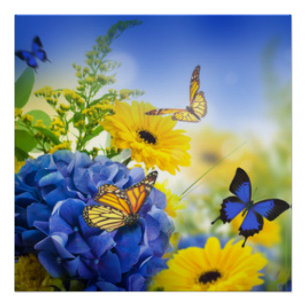 Blauwe gele bloemen met vlinders poster