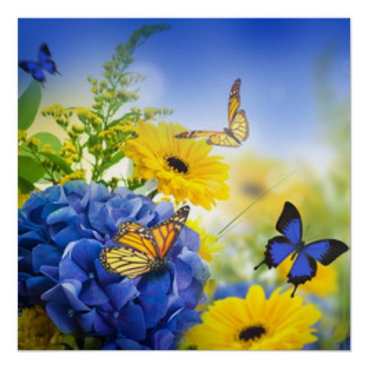 Blauwe gele bloemen met vlinders poster (Voorkant)