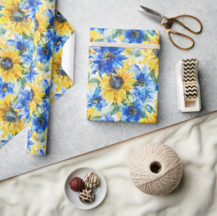 Blauwe Gele Bloemen Verjaardag Cadeaupapier