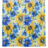 Blauwe Gele Bloemen Verjaardag Douchegordijn (Voorkant)