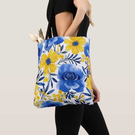Blauwe & Gele Bloom Canvas tas (Dichtbij)