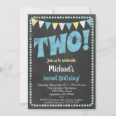 Blauwe Gele Chalkboard 2e verjaardag Uitnodiging t (Voorkant)