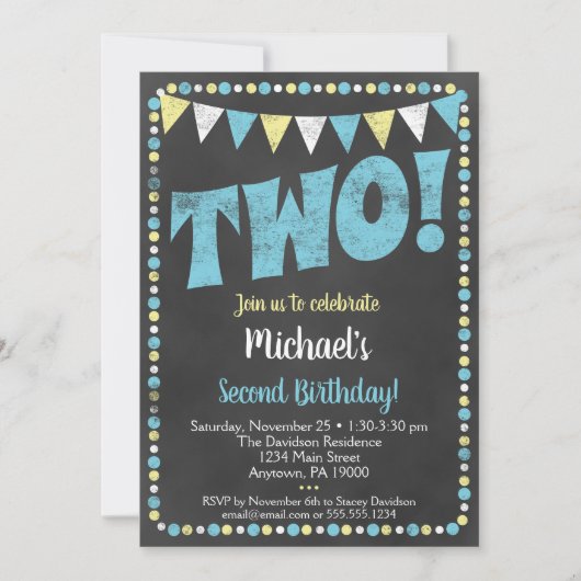 Blauwe Gele Chalkboard 2e verjaardag Uitnodiging t (Voorkant)