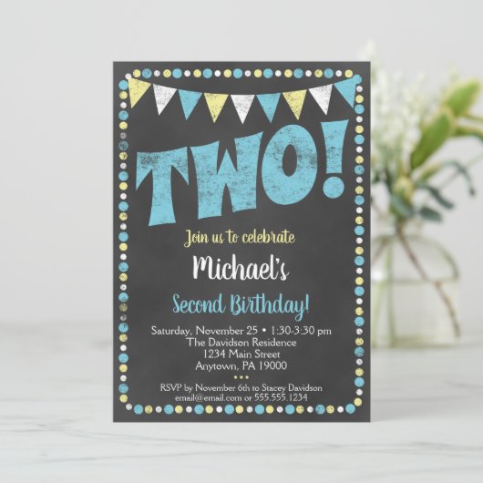 Blauwe Gele Chalkboard 2e verjaardag Uitnodiging t (Staand voorkant)