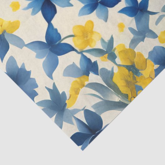 Blauwe, gele en witte bloemen decoupage tissuepapier (Detail)