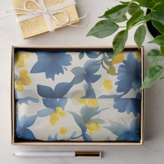 Blauwe, gele en witte bloemen decoupage tissuepapier (Geschenk)