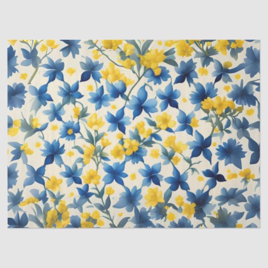 Blauwe, gele en witte bloemen decoupage tissuepapier (Voorkant)