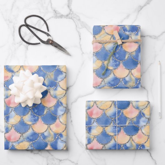 Blauwe, gele en zilverzeemeerminnen inpakpapier vel (Voorkant)