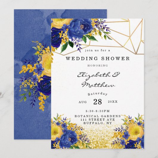 Blauwe Gele Goudgekleurde Floral Wedding Shower Kaart (Voorkant / Achterkant)