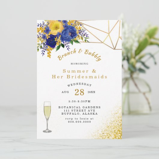 Blauwe gele goudkleurige Floral Brunch en Bubble Kaart (Staand voorkant)