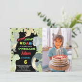 Blauwe Gele Groene Dinosaur Birthday met Foto Kaart (Staand voorkant)