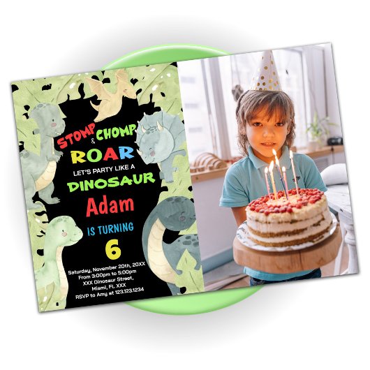 Blauwe Gele Groene Dinosaur Birthday met Foto Kaart