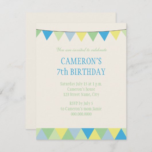 Blauwe gele groene string Pennon Kids Birthday Kaart (Voorkant / Achterkant)