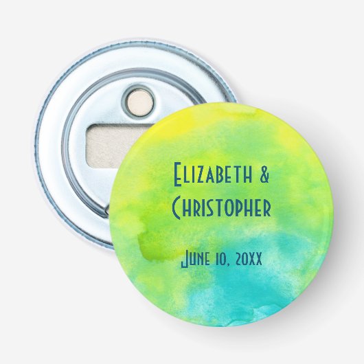 Blauwe Gele Groene Waterverf Keepslag Wedding Button Flesopener (Voorkant)
