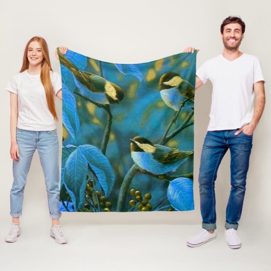 Blauwe gele kleine vogels fleece deken (In situ)