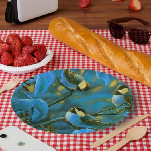 Blauwe gele kleine vogels papieren bordje (Picknick)