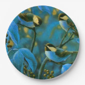 Blauwe gele kleine vogels papieren bordje (Voorkant)