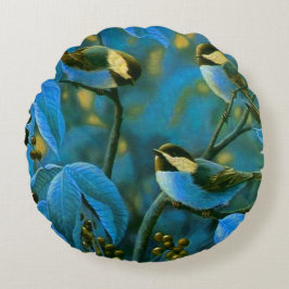 Blauwe gele kleine vogels rond kussen