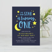 Blauwe Gele Maan en Sterren 1e Verjaardag Uitnodig Kaart (Staand voorkant)