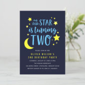 Blauwe Gele Maan en Sterren 2e Verjaardag Uitnodig Kaart (Staand voorkant)