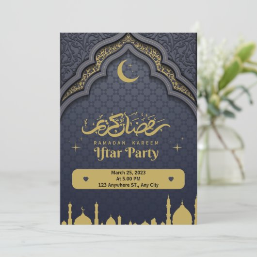 Blauwe gele moderne ramadan iftar uitnodiging (Staand voorkant)