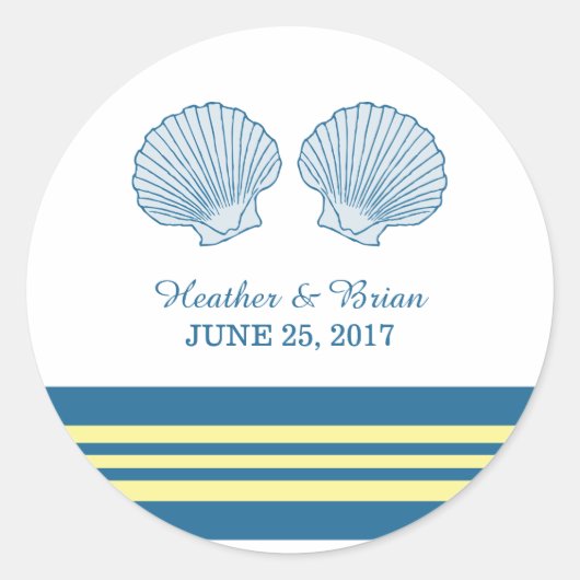 Blauwe Gele Nautical Seashells Weddenschappen Ronde Sticker (Voorkant)