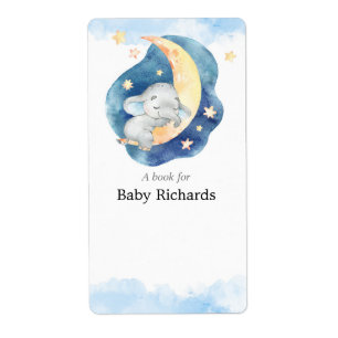 Blauwe gele olifant baby shower boek label sticker