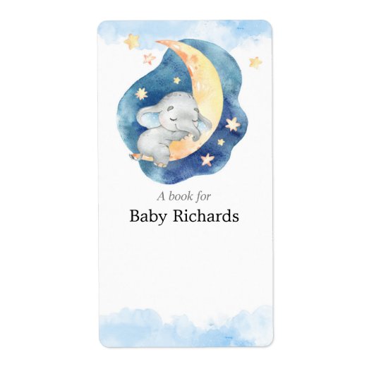 Blauwe gele olifant baby shower boek label sticker (Voorkant)