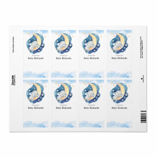 Blauwe gele olifant baby shower boek label sticker (Full Sheet)
