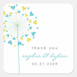 Blauwe & Gele Paardebloem Bloem Liefde Harten Brui Vierkante Sticker