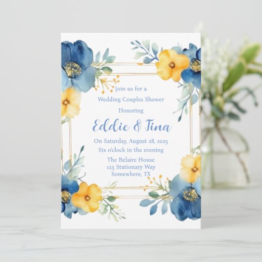 Blauwe Gele Pioen Bruiloft Koppels Douche Kaart (Staand voorkant)
